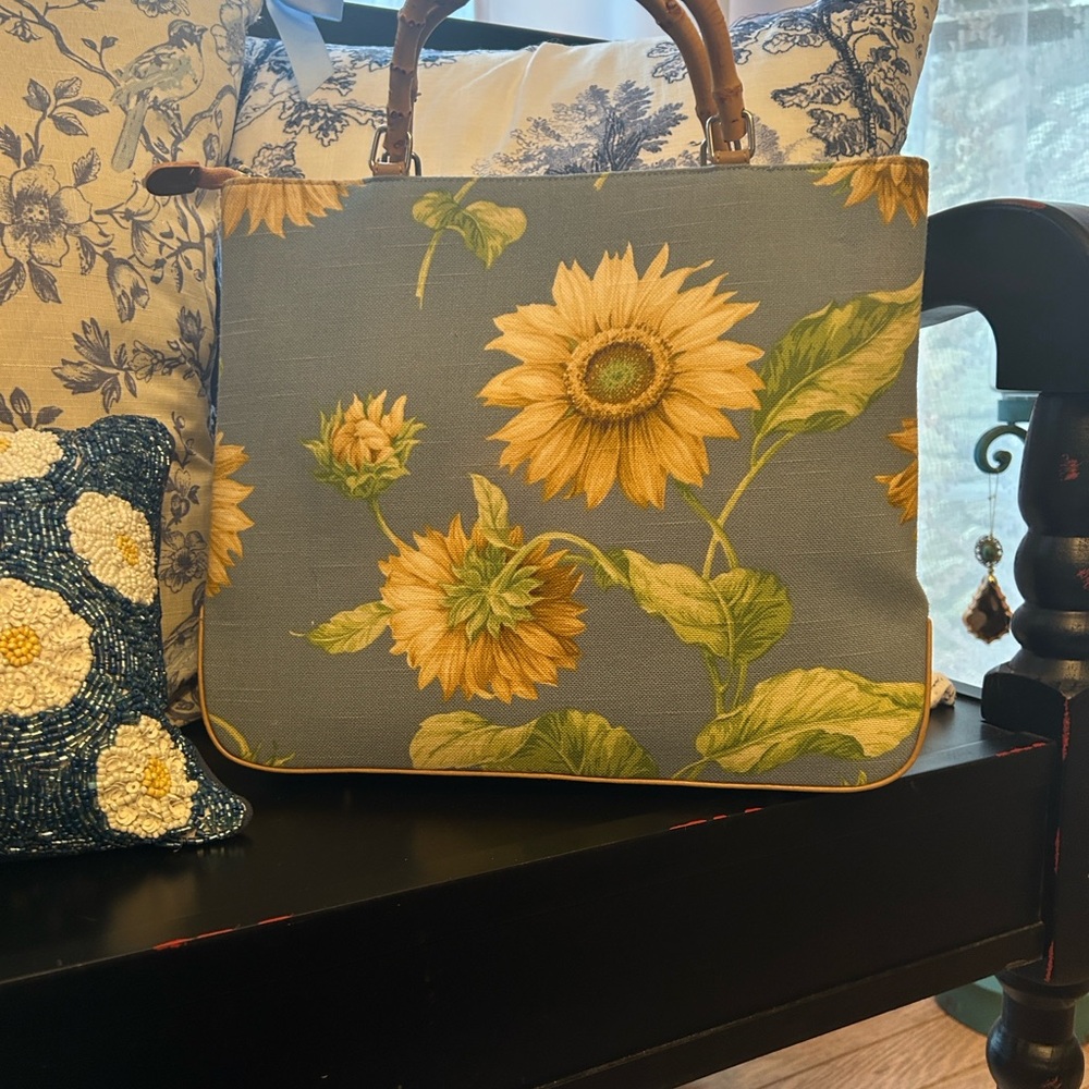 Embroidered Sunflower Top-Handle Bamboo Bag in Sage Green and Mustard - Picture 4 of 5